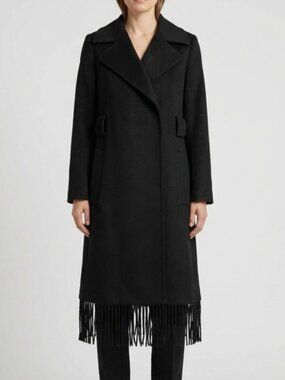 Sam Edelman Women's Black Wool Blend Fringe Hem Wrap Trench Coat Size 4